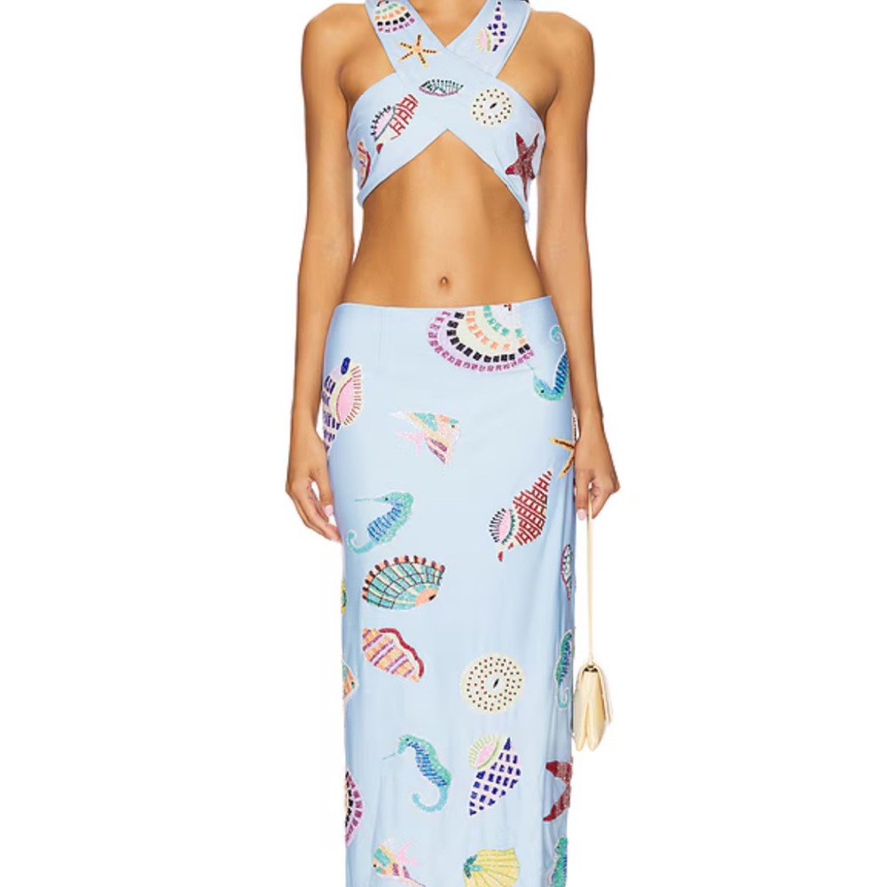 Oceanus KShell Hand Beaded Light Blue Seashell Print HalterTop and Skirt Set NWT - Picture 5 of 17